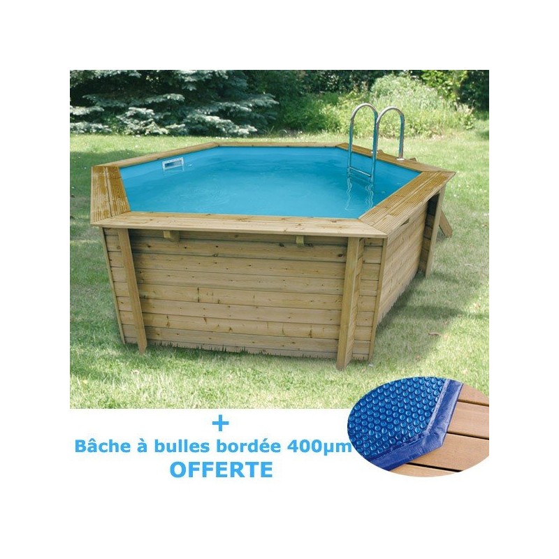 Piscine bois Azura 410x120 liner bleu + bâche à bulles