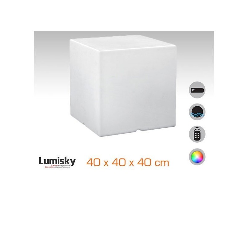 Cube LED lumineux multicolore 40 x 40 x 40 cm sur batterie